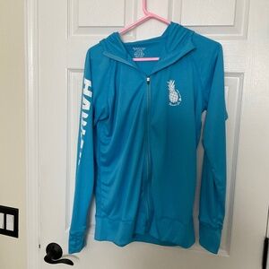 LADIES HOODED LIGHTWEIGHT ZIP JACKET.  LIKE NEW!  Size XL.  Pretty blue & white.